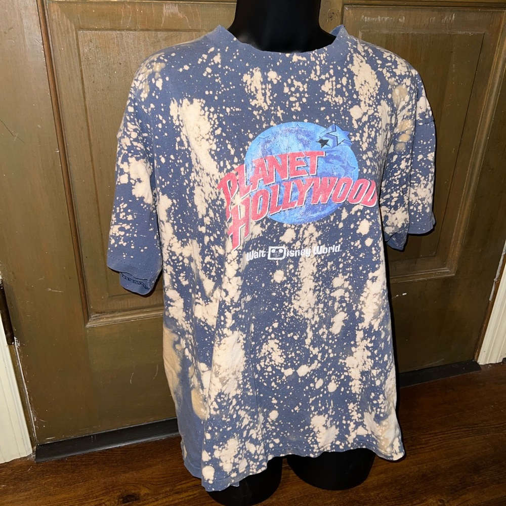 Planet Hollywood Vintage Disney Blue & Cream Splatter Short Sleeve Shirt Size XL - Picture 2 of 12